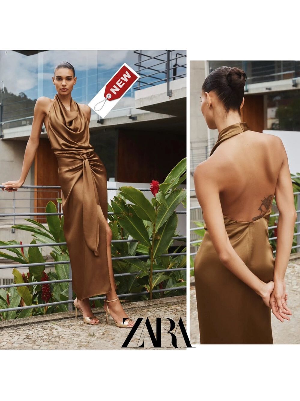Zara brown satin effect open back front knot halter top midi maxi dress formal L